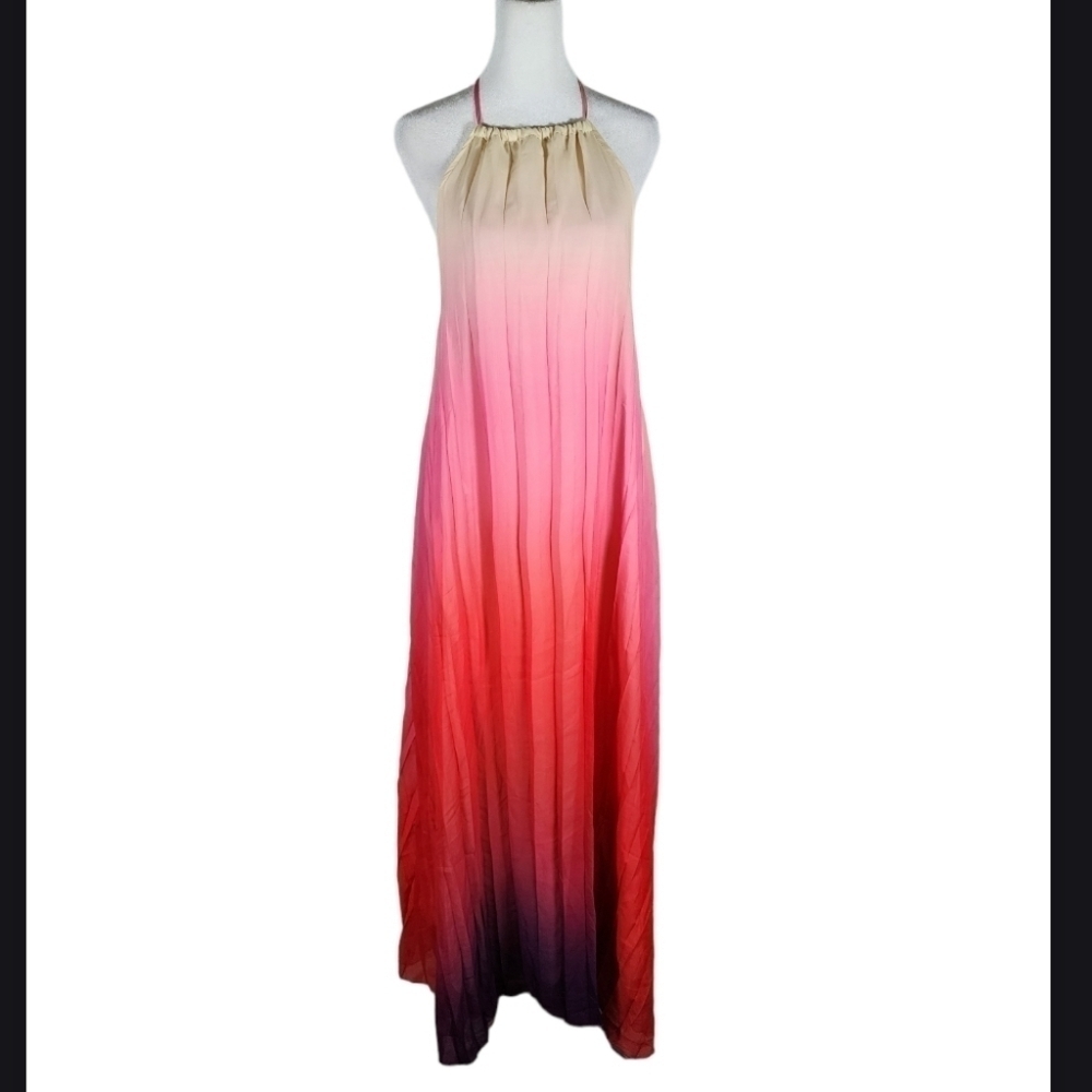 Backless Ombre Halter Maxi Dress - Pink Gradient
